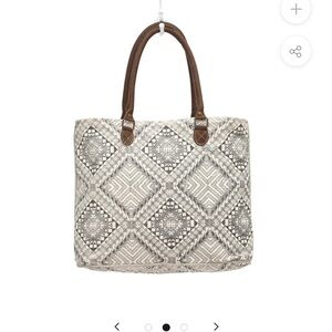 Myra Bag Geometric Cream and Brown Tote